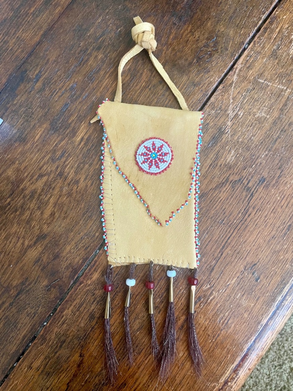 Vintage Native American Beaded Medicine Bag, Soft Deer Leather with fur tassels